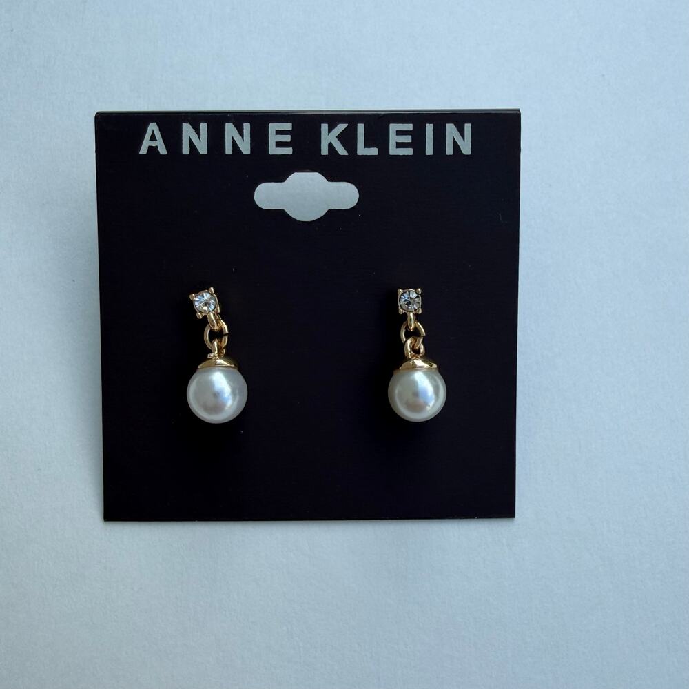 Anne Klein Gold Tone Faux Pearl Crystal Drop Earrings NWT